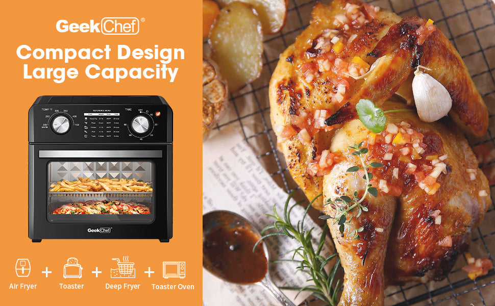 Geek Chef Air Fryer 10QT, Countertop Toaster Oven, 4 Slice Toaster Air Fryer Oven Warm, Broil, Toast, Bake, Air Fry, Oil-Free, Black Stainless Steel, Perfect For Countertop, Ban On Amazon Gizmokings Warehouse