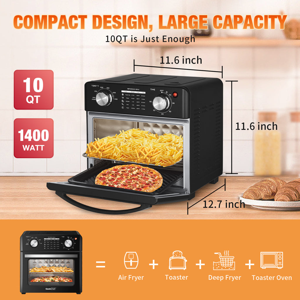 Geek Chef Air Fryer 10QT, Countertop Toaster Oven, 4 Slice Toaster Air Fryer Oven Warm, Broil, Toast, Bake, Air Fry, Oil-Free, Black Stainless Steel, Perfect For Countertop, Ban On Amazon Gizmokings Warehouse