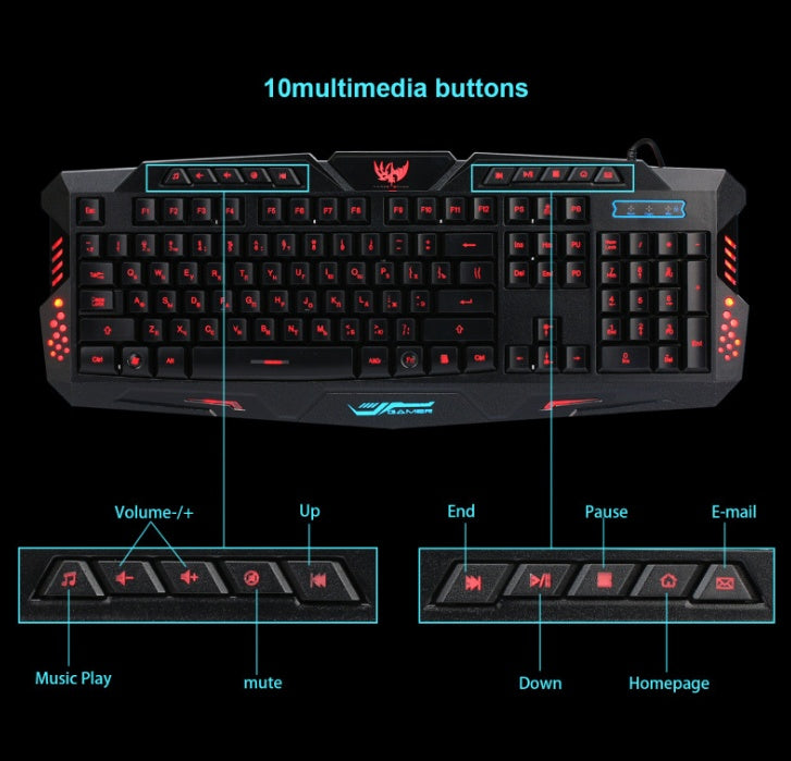 J10 tricolor backlight wired gaming keyboard set colorful luminous gaming mouse keyboard Russian keyboard Gizmokings Warehouse